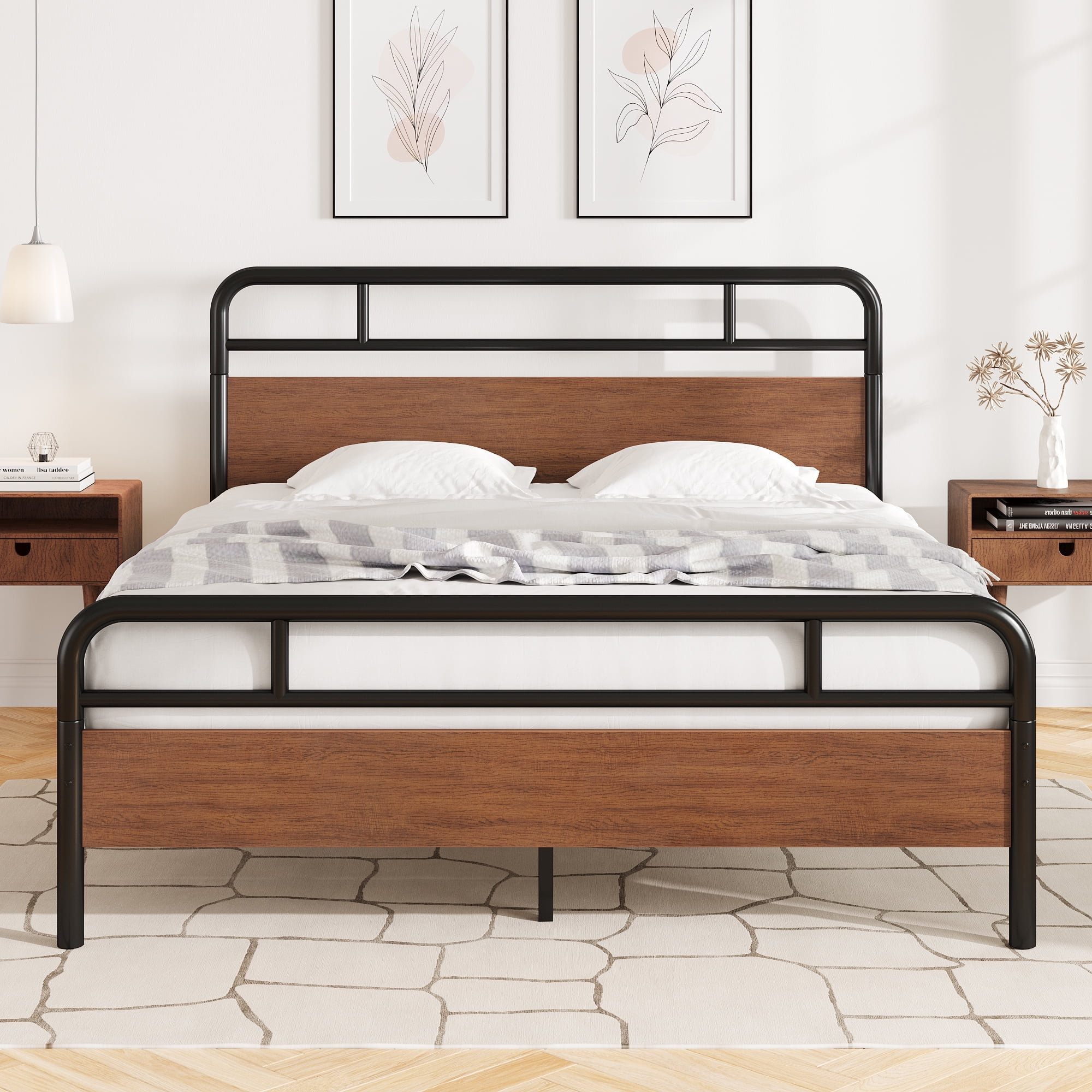Einfach Queen Size Heavy Metal Bed Frame Headboard and Footboard, Brown