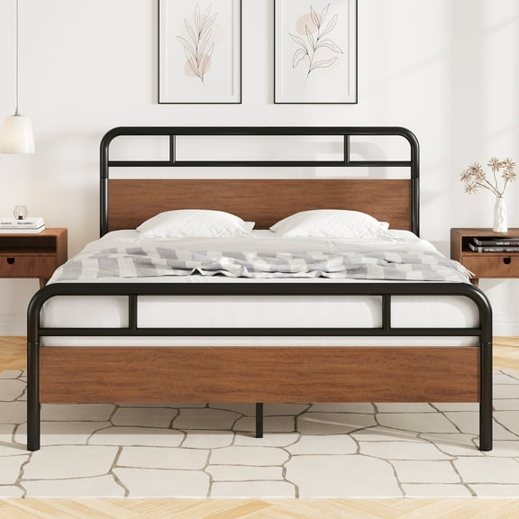 Einfach Queen Size Heavy Metal Bed Frame Headboard and Footboard, Brown