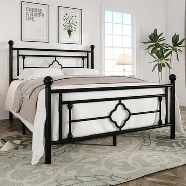 Einfach Queen Size Heavy Metal Bed with Vintage Headboard Pattern, Black