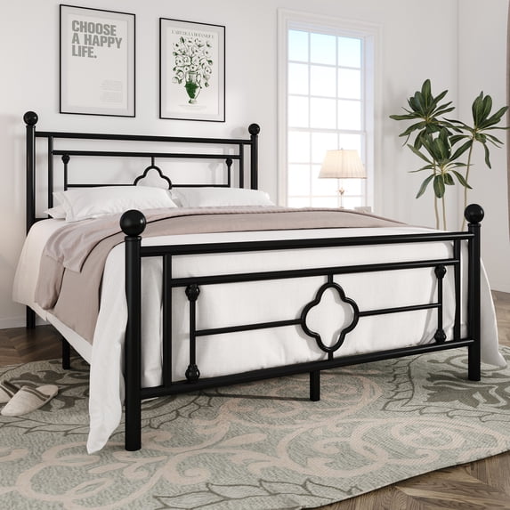 Einfach Queen Size Heavy Metal Bed with Vintage Headboard Pattern, Black