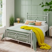 Einfach Queen Size Heavy Metal Bed with Vintage Headboard Pattern, White