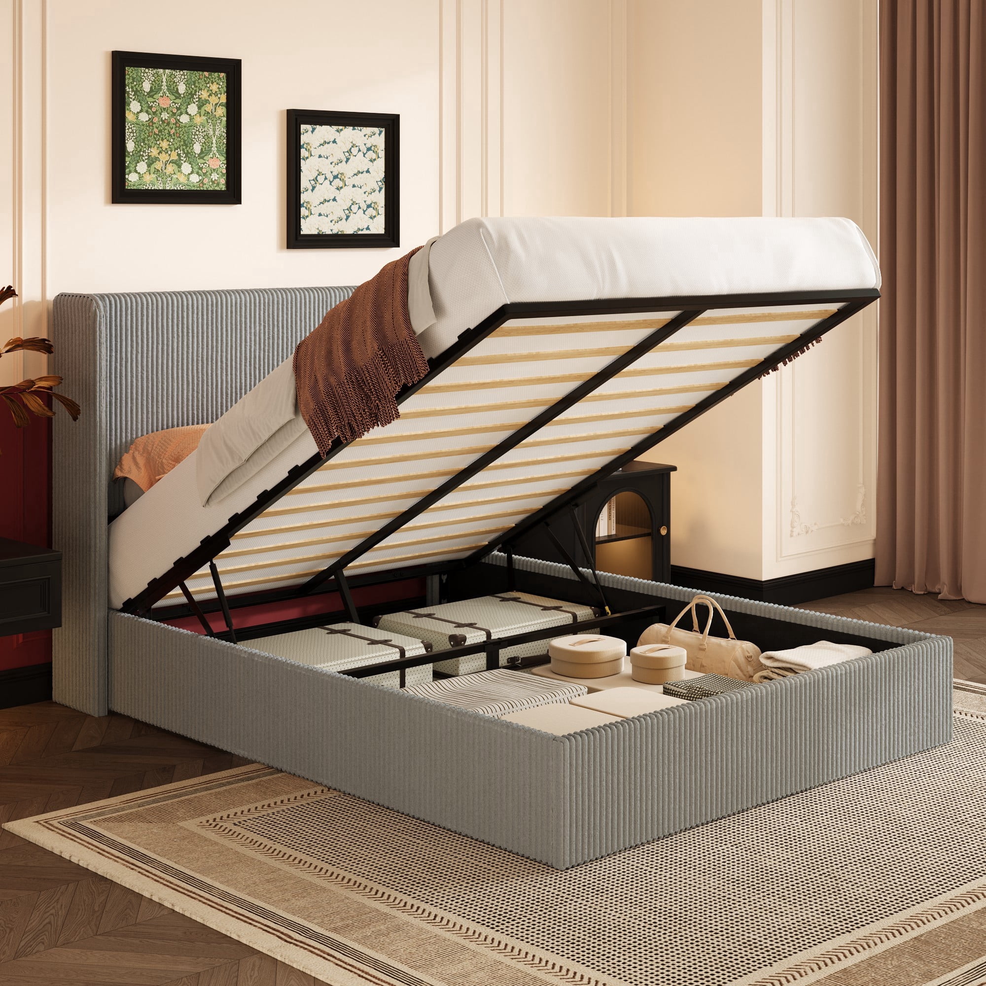 Einfach Queen Size Hydraulic Lift Up Storage Bed Frame, Corduroy Upholstered Wingback Headboard, Ample Under-bed Storage, Gray