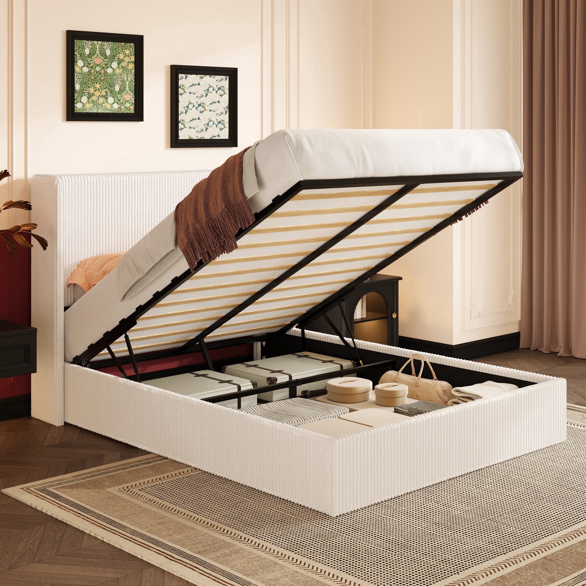 Einfach Queen Size Hydraulic Lift Up Storage Bed Frame, Corduroy Upholstered Wingback Headboard, Ample Under-bed Storage, White