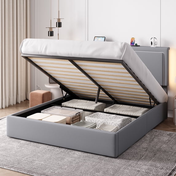 Einfach Queen Size Lift Up Hydraulic Bed Frame, Upholstered Velvet Storage Adjustable Headboard with LED Light and Built-in Charging Station, Grey