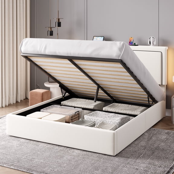 Einfach Queen Size Lift Up Hydraulic Bed Frame, Upholstered Velvet Storage Adjustable Headboard with LED Light and Built-in Charging Station, White