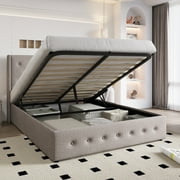 Einfach Queen Size Lift up Platform Storage Bed Frame with Fabric Upholstered Wingback Button Tufted Headboard, Beige