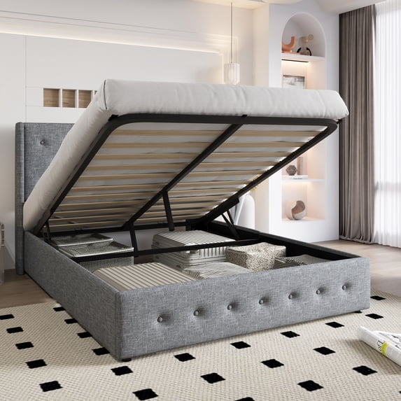 Einfach Queen Size Lift up Platform Storage Bed Frame with Fabric Upholstered Wingback Button Tufted Headboard, Blue Gray