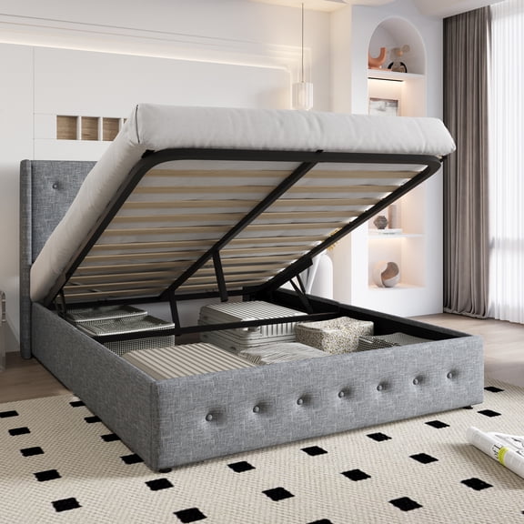 Einfach Queen Size Lift up Platform Storage Bed Frame with Fabric Upholstered Wingback Button Tufted Headboard, Blue Gray