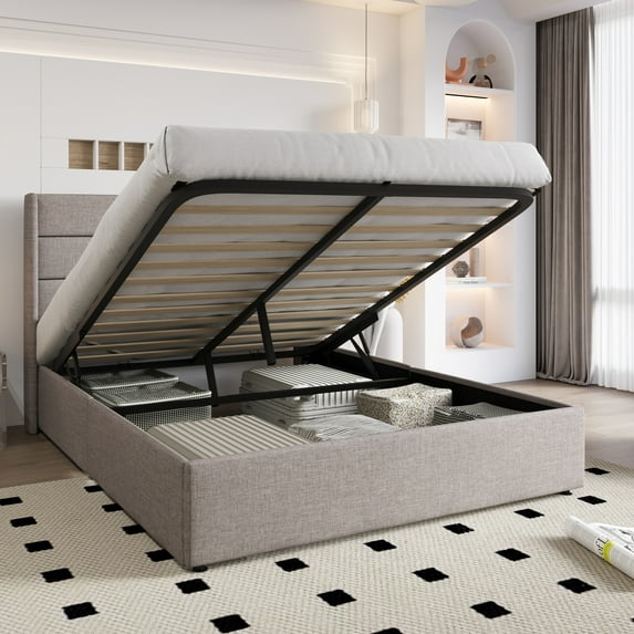 Einfach Queen Size Lift up Platform Storage Bed Frame with Fabric Upholstered Wingback Panel Headboard, Beige