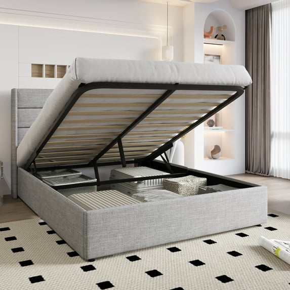 Einfach Queen Size Lift up Platform Storage Bed Frame with Fabric Upholstered Wingback Panel Headboard, Light Gray