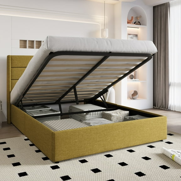 Einfach Queen Size Lift up Platform Storage Bed Frame with Fabric Upholstered Wingback Panel Headboard, Olive Yellow