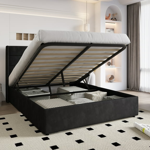 Einfach Queen Size Lift up Platform Storage Bed Frame with Velvet Upholstered Wingback Panel Headboard, Black