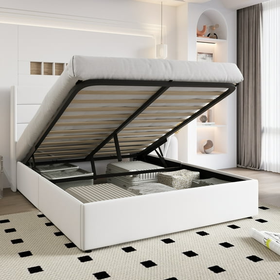 Einfach Queen Size Lift up Platform Storage Bed Frame with Velvet Upholstered Wingback Panel Headboard, White