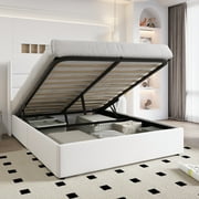 Einfach Queen Size Lift up Platform Storage Bed Frame with Velvet Upholstered Wingback Panel Headboard, White