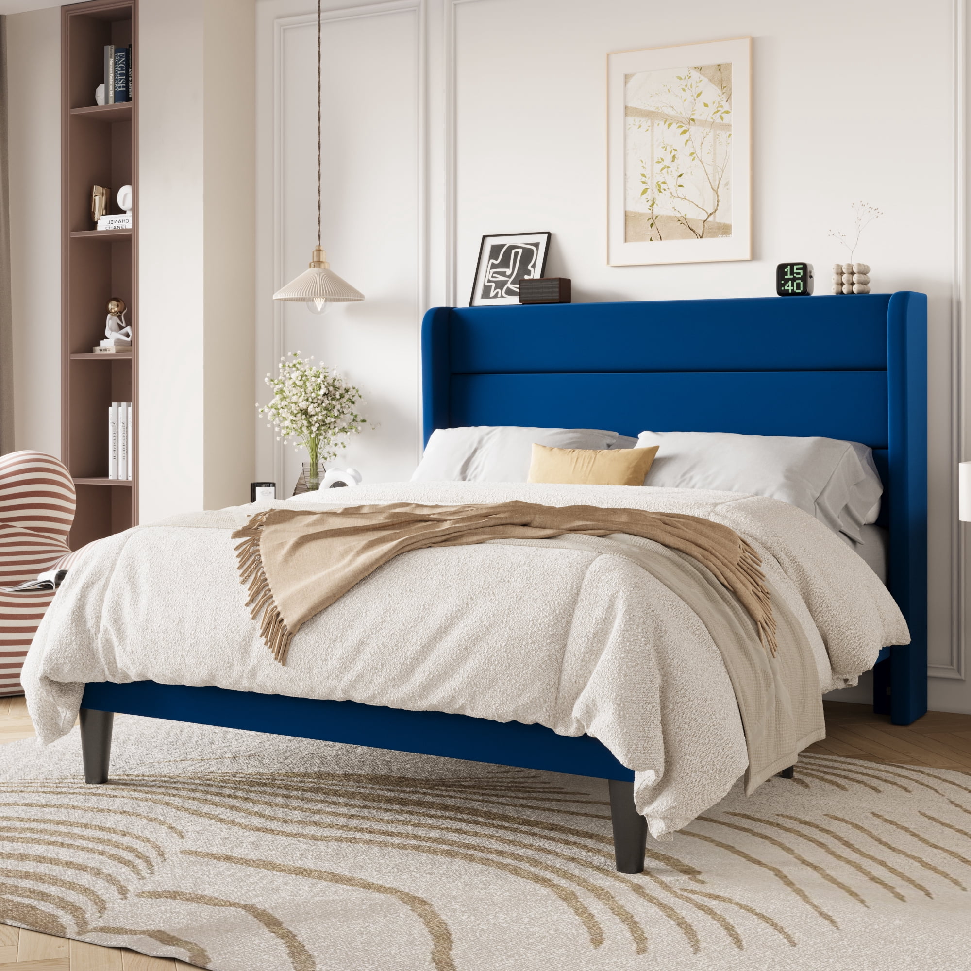 Einfach Queen Size Luxury Velvet Upholstered Platform Bed Frame with Wingback Headboard, Dark Blue