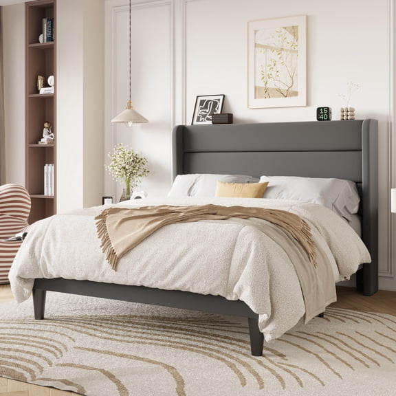 Einfach Queen Size Luxury Velvet Upholstered Platform Bed Frame with Wingback Headboard, Light Grey