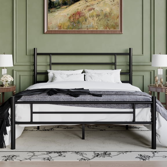 Einfach Queen Size Metal Bed Frame with Headboard and Footboard, Under-bed Storage Space, Adult, Black