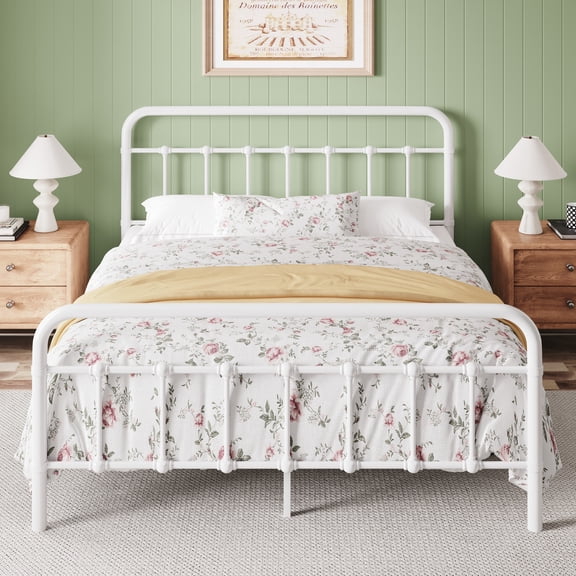 Einfach Queen Size Metal Bed Frame with Victorian Vintage Headboard, 12.4" Under-bed Storage Space, White
