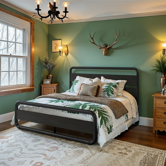 Einfach Queen Bed Frame with Headboard and Footboard, No Box Spring Required, Black