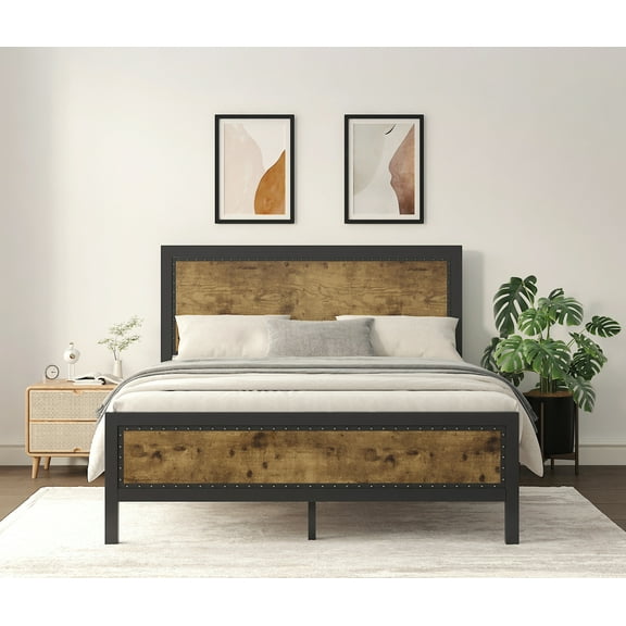 Einfach Queen Size Metal Bed with Solid MDF Headboard & Footboard, Rivet Decoration, Rustic Brown