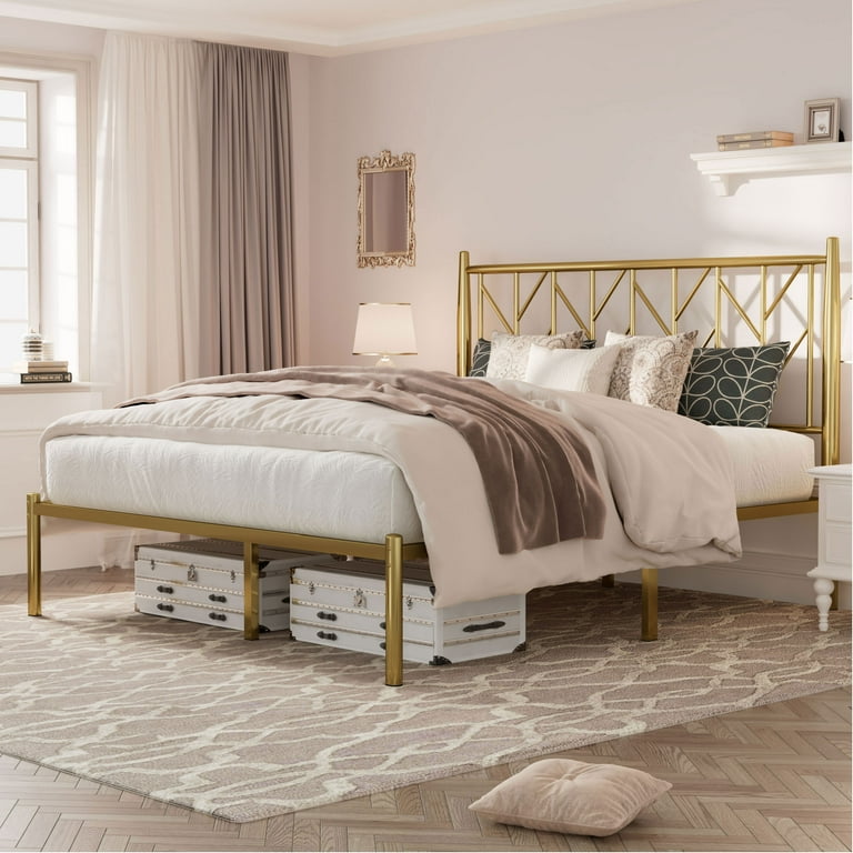 Einfach Queen Size Metal Bed with Vintage Headboard Metal Slats