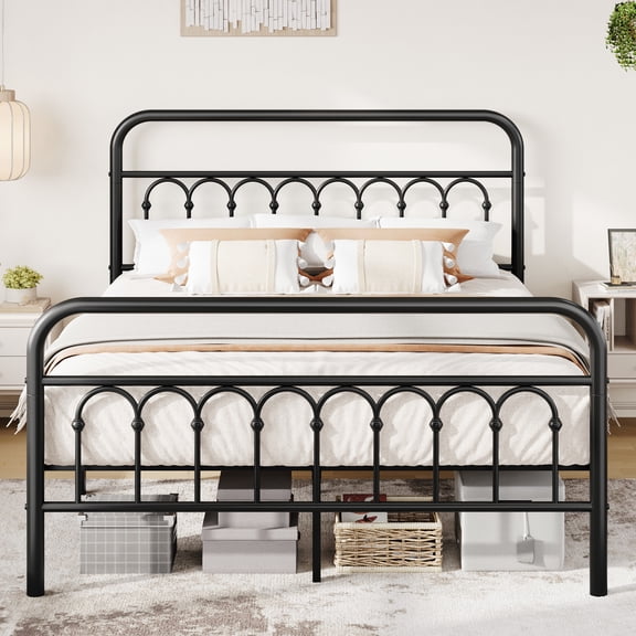 Einfach Queen Size Metal Platform Bed Frame with Arched Retro Headboard, Heavy-Duty Metal Support, Under-Bed Storage Space, Black