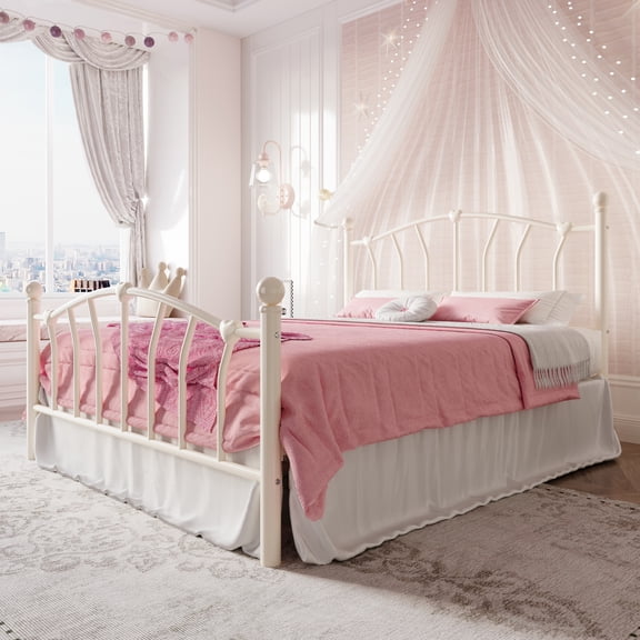 Einfach Queen Bed Frame, Metal Platform Bed with Heart-Shaped Headboard and Footboard, 12.6'' Under-Bed Storage Space, No Box Spring Needed, Cream White