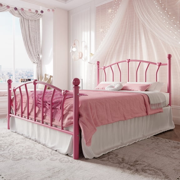 Einfach Queen Bed Frame, Metal Platform Bed with Heart-Shaped Headboard and Footboard, 12.6'' Under-Bed Storage Space, No Box Spring Needed, Pink