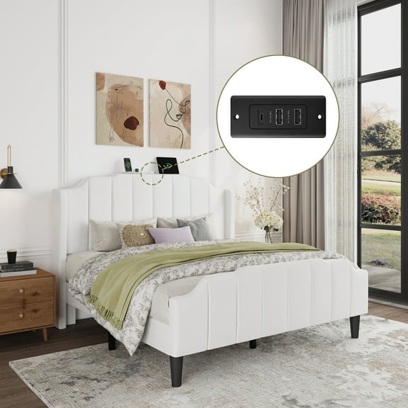 Einfach Queen Size Platform Bed Frame with Curved Velvet Wingback Headboard & USB Charging Station, White