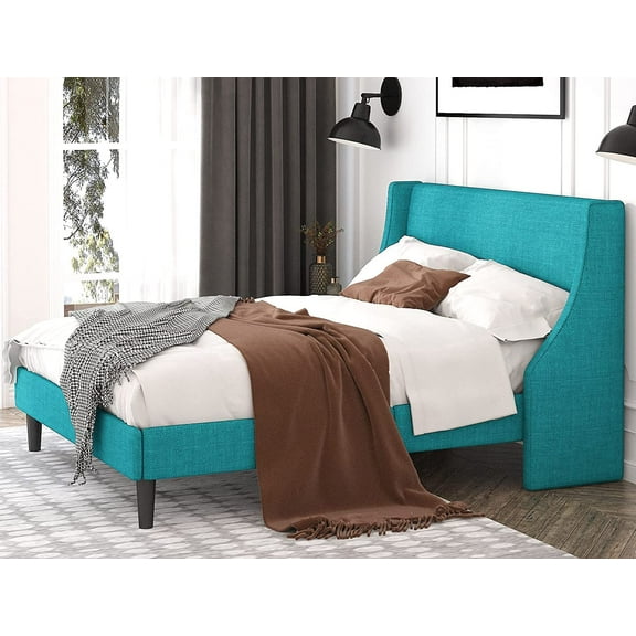Einfach Queen Size Platform Bed Frame with Fabric Headboard, Jade Green