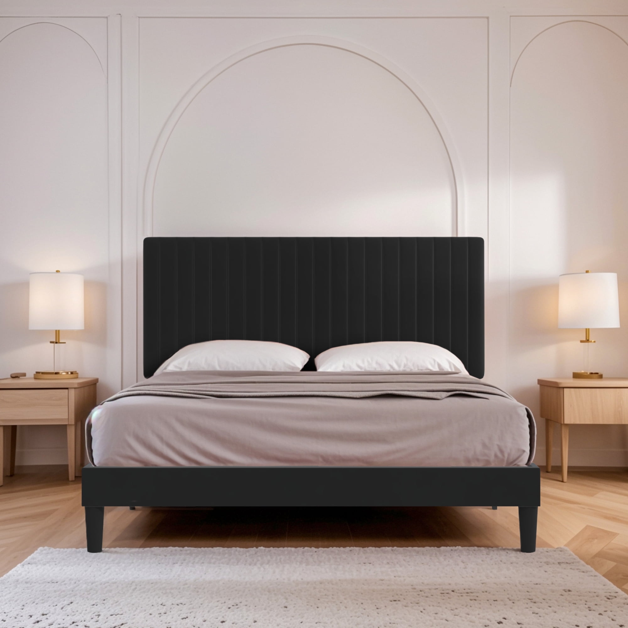 Einfach Queen Size Platform Bed Frame with Upholstered Adjustable Velvet Vertical Tufted Headboard, Black