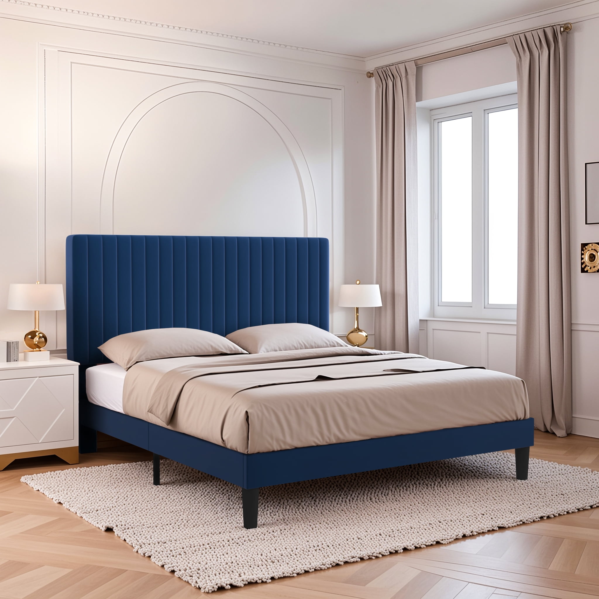 Einfach Queen Size Platform Bed Frame with Upholstered Adjustable Velvet Vertical Tufted Headboard, Blue