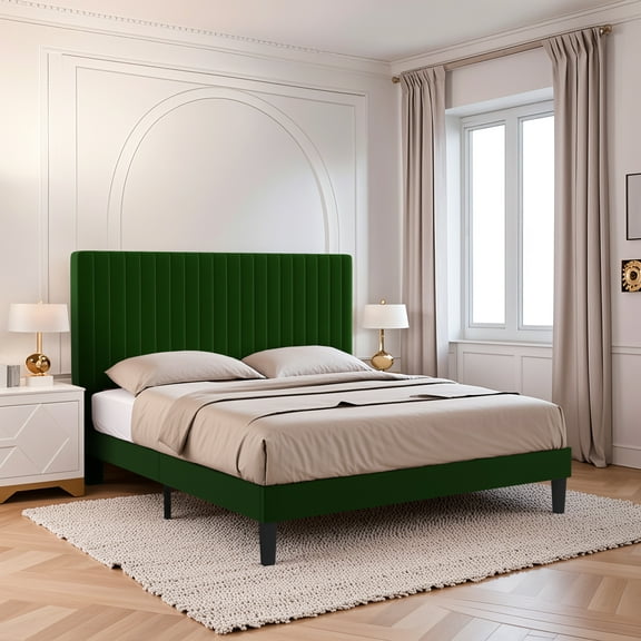 Einfach Queen Size Platform Bed Frame with Upholstered Adjustable Velvet Vertical Tufted Headboard, Green