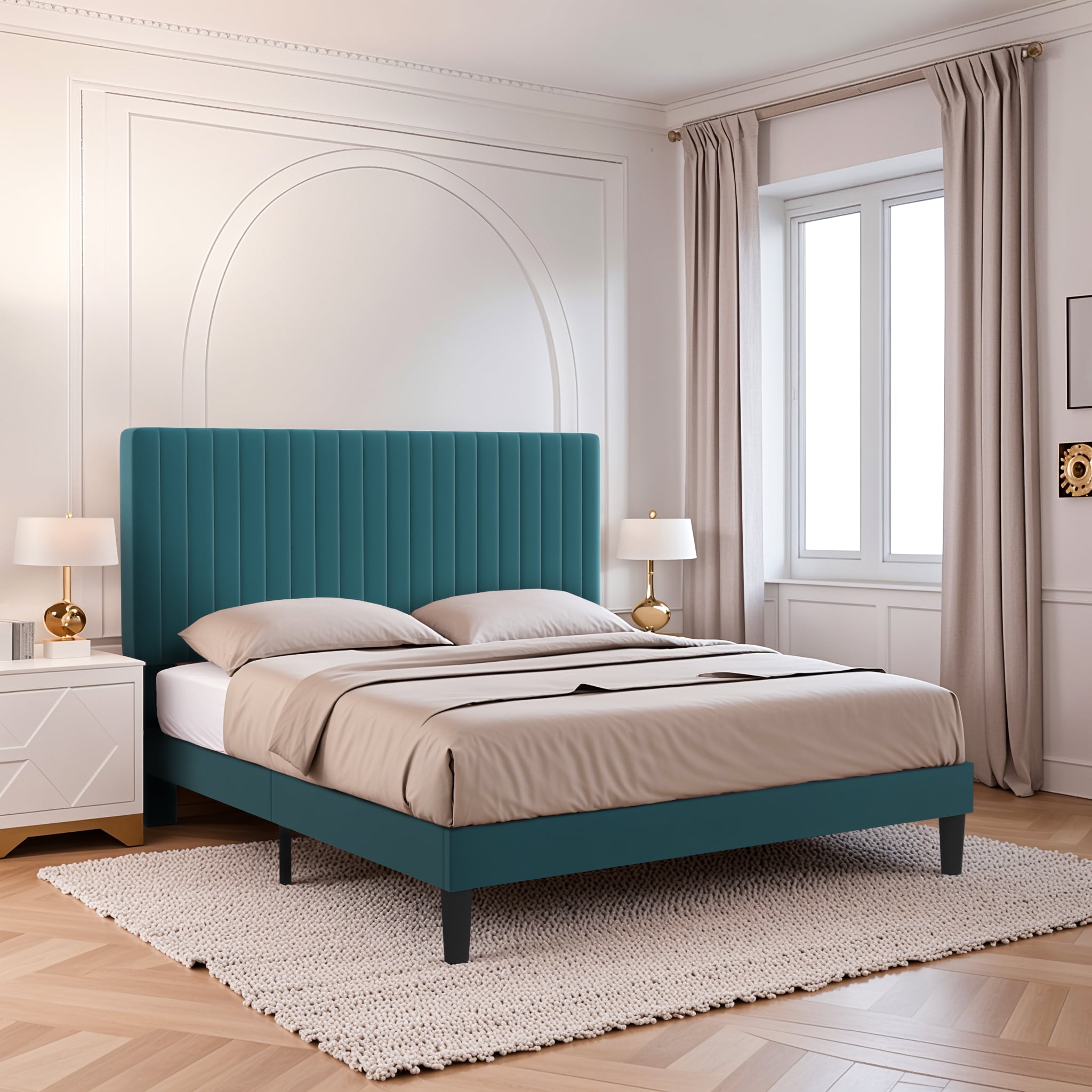 Einfach Queen Size Platform Bed Frame with Upholstered Adjustable Velvet Vertical Tufted Headboard, Teal