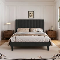 Einfach Queen Size Platform Bed Frame with Upholstered Velvet Vertical Headboard, Black