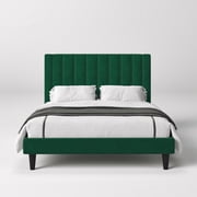 Einfach Queen Size Platform Bed Frame with Upholstered Velvet Vertical Headboard, Green