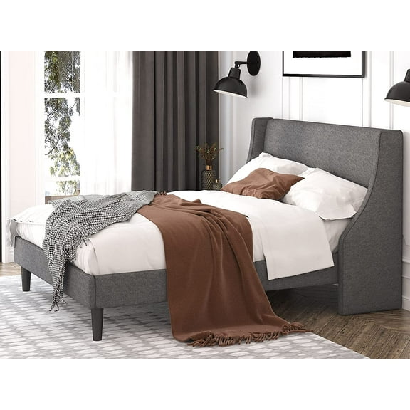 Einfach Queen Size Platform Bed Frame with Upholstered Wingback Headboard, Light Grey