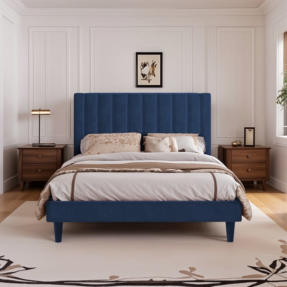 Einfach Queen Size Platform Bed Frame with Upholstered Velvet Vertical Headboard, Blue