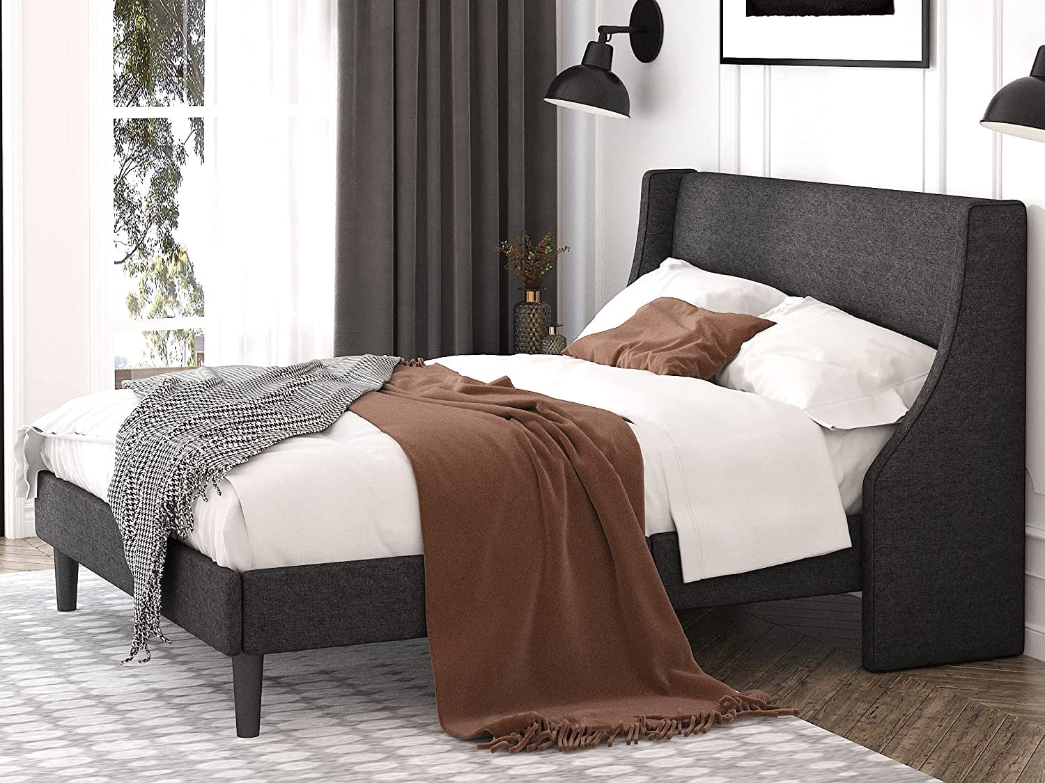 Einfach Queen Size Platform Bed Frame with Wingback Headboard, Dark Grey