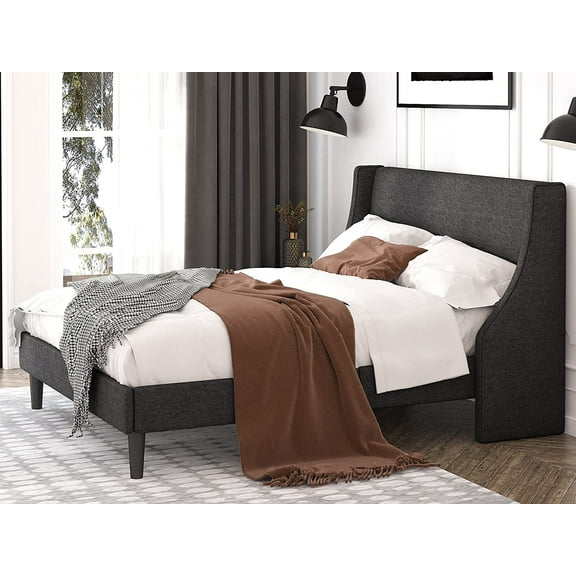 Einfach Queen Size Platform Bed Frame with Wingback Headboard, Dark Grey