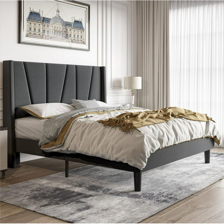 Einfach King Size Platform Bed Frame with Square Stitched Wingback  Headboard, Dark Grey 