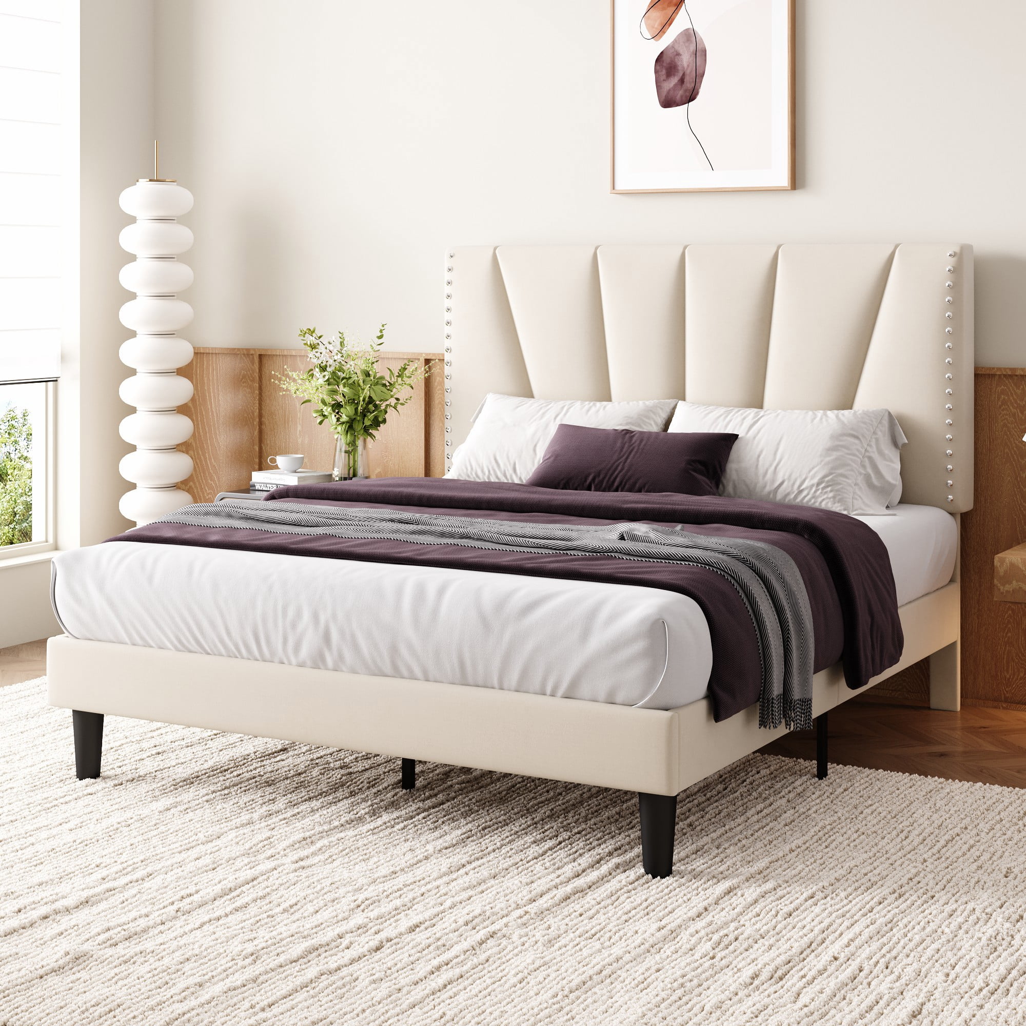 Einfach Queen Size Premium Velvet Upholstered Platform Bed Frame with Adjustable Headboard,Under-Bed Storage,Heavy-Duty Metal Support, Noise-Free Slats, Cream