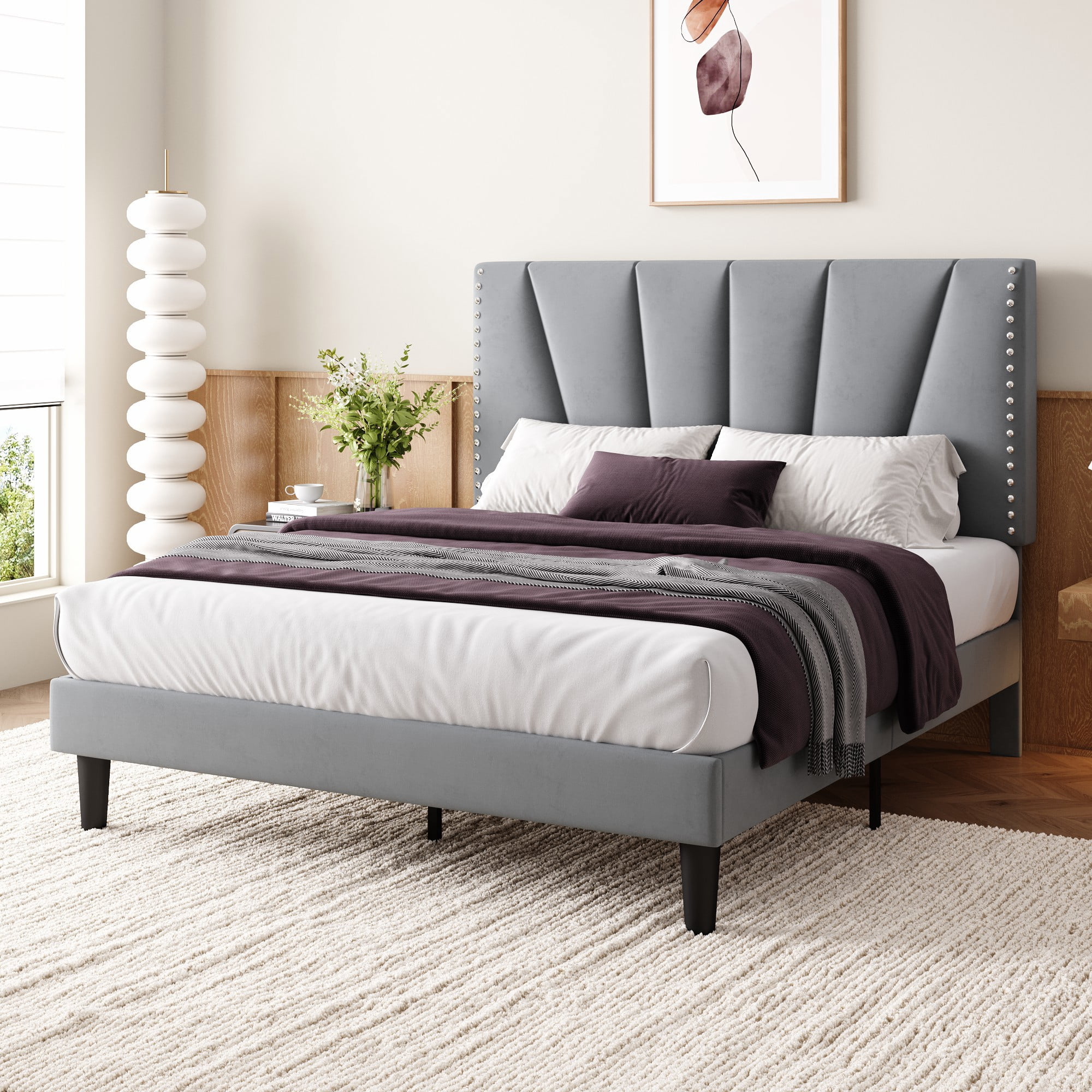 Einfach Queen Size Premium Velvet Upholstered Platform Bed Frame with Adjustable Headboard,Under-Bed Storage,Heavy-Duty Metal Support, Noise-Free Slats, Gray