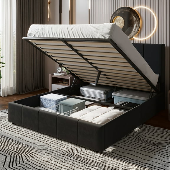 Einfach Queen Size Storage Bed Frame, Lift Up Velvet Platform Bed with Adjustable Upholstered Headboard, No Box Spring Needed, Black