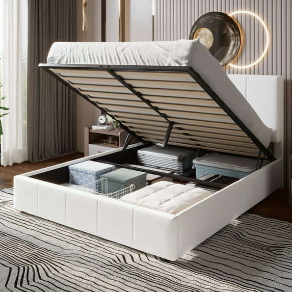 Einfach Queen Size Storage Bed Frame, Lift Up Velvet Platform Bed with Adjustable Upholstered Headboard, No Box Spring Needed, White