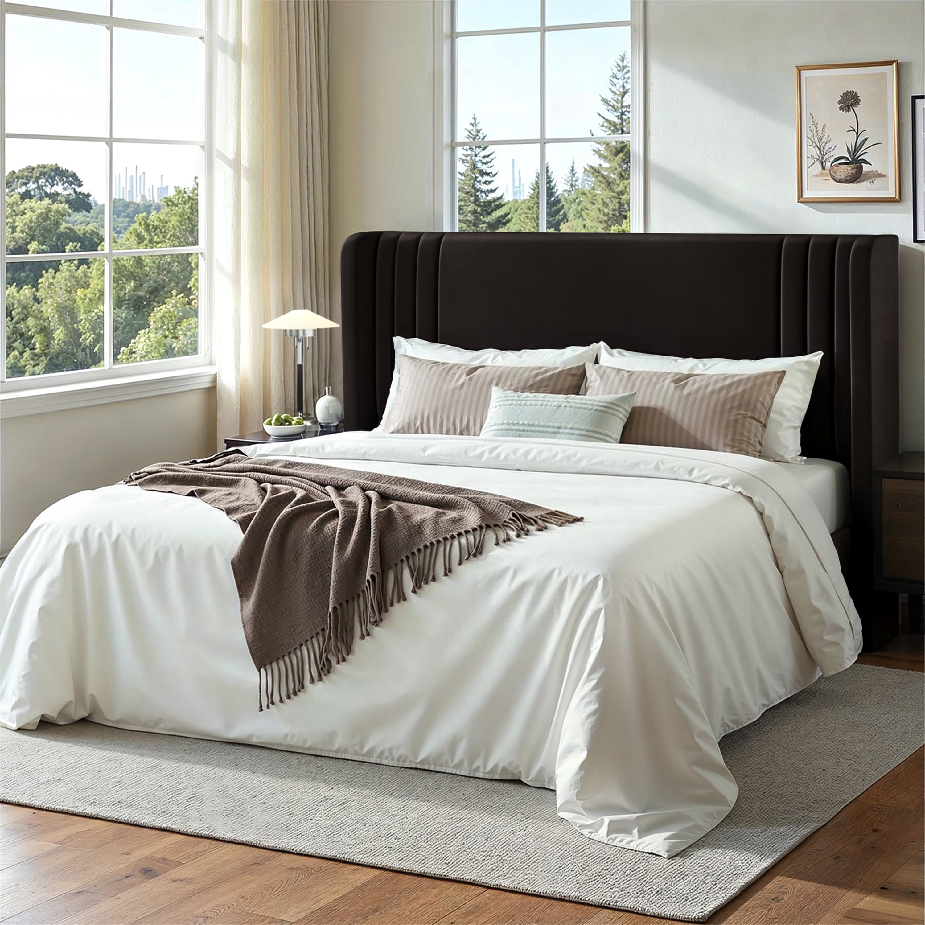 Einfach Queen Size Upholstered Bed Frame, Platform Bed with Velvet Wingback Headboard, Black