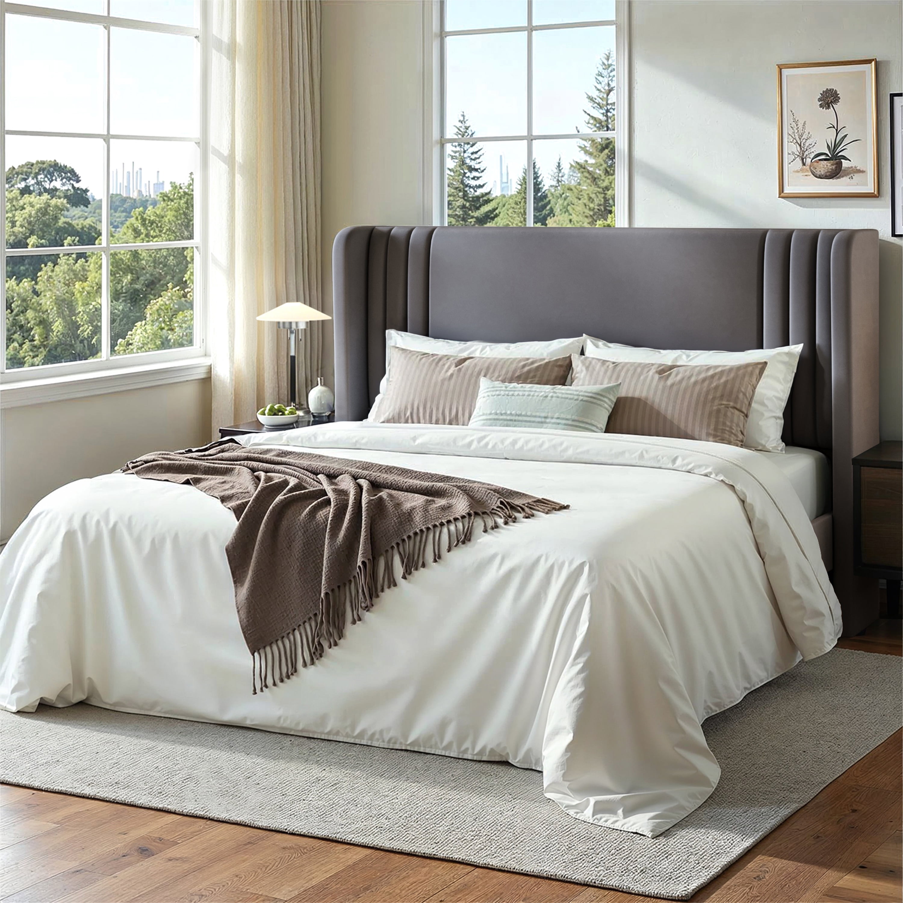 Einfach Queen Size Upholstered Bed Frame, Platform Bed with Velvet Wingback Headboard, Gray