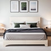 Einfach Queen Size White Leather Upholstered Bed Frame with Adjustable Headboard, No Box Spring Needed, Low