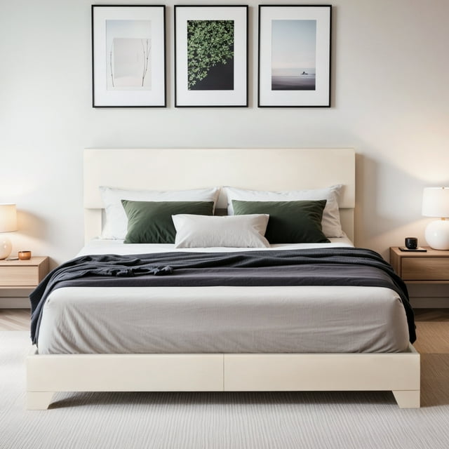 Einfach Queen Size White Leather Upholstered Bed Frame with Adjustable Headboard, No Box Spring Needed, Low
