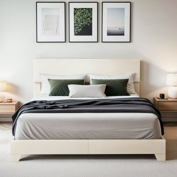 Einfach Queen Size White Leather Upholstered Bed Frame with Adjustable Headboard, No Box Spring Needed, Low